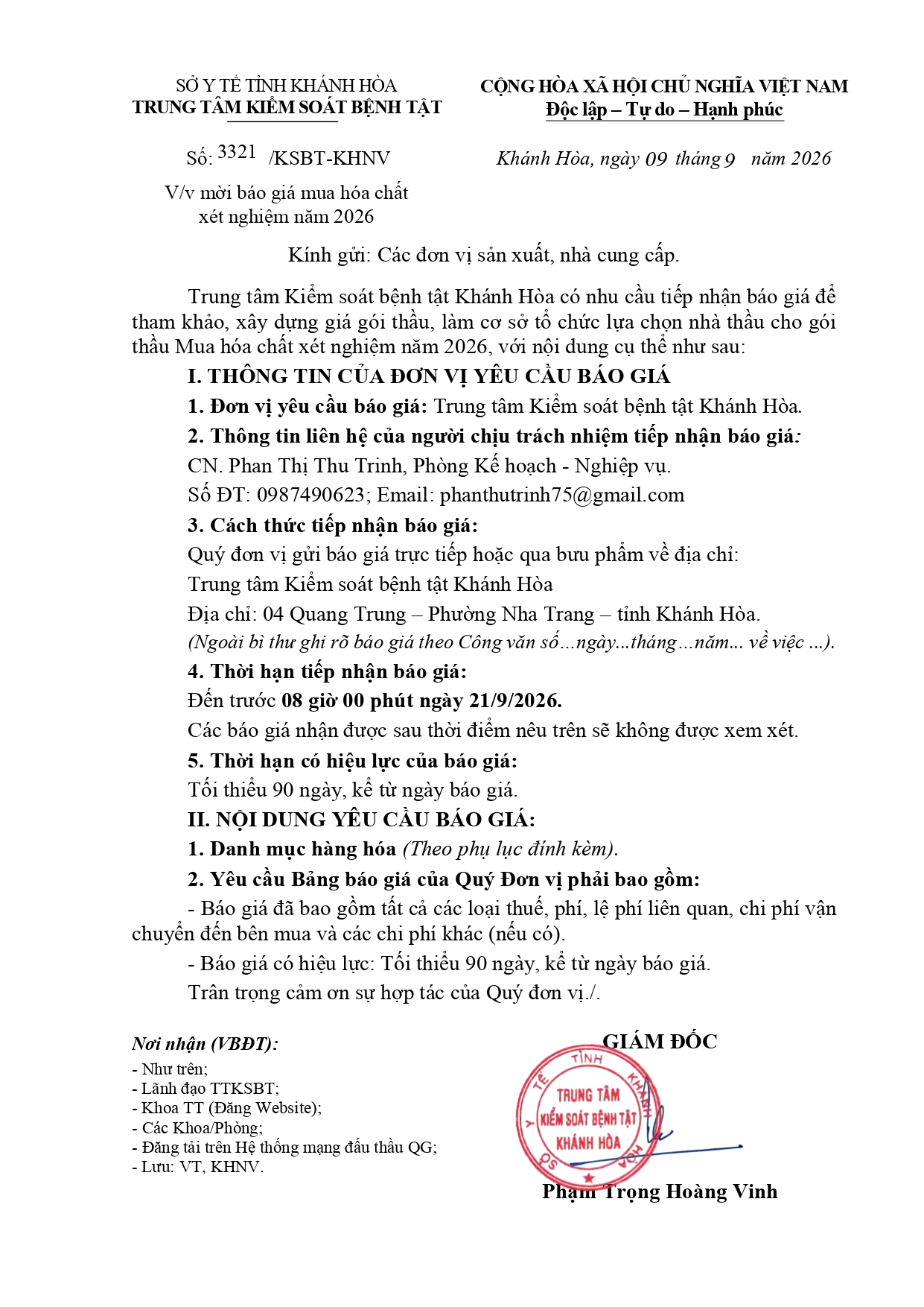 V/v mời báo giá mua hóa chất xét nghiệm năm 2026